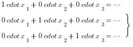 tabular{0000}{00}{
{1 cdot x_1 + 0 cdot x_2 + 0 cdot x_3= cdots}
{0 cdot x_1 + 1 cdot x_2 + 0 cdot x_3= cdots}
{0 cdot x_1 + 0 cdot x_2 + 1 cdot x_3= cdots}
} rbrace