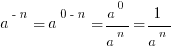 a^{-n}=a^{0-n}={a^0}/{a^n}=1/{a^n}