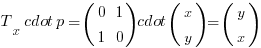 T_x cdot p = (matrix{2}{2}{0 1 1 0}) cdot (matrix{2}{1}{x y}) = (matrix{2}{1}{y x})